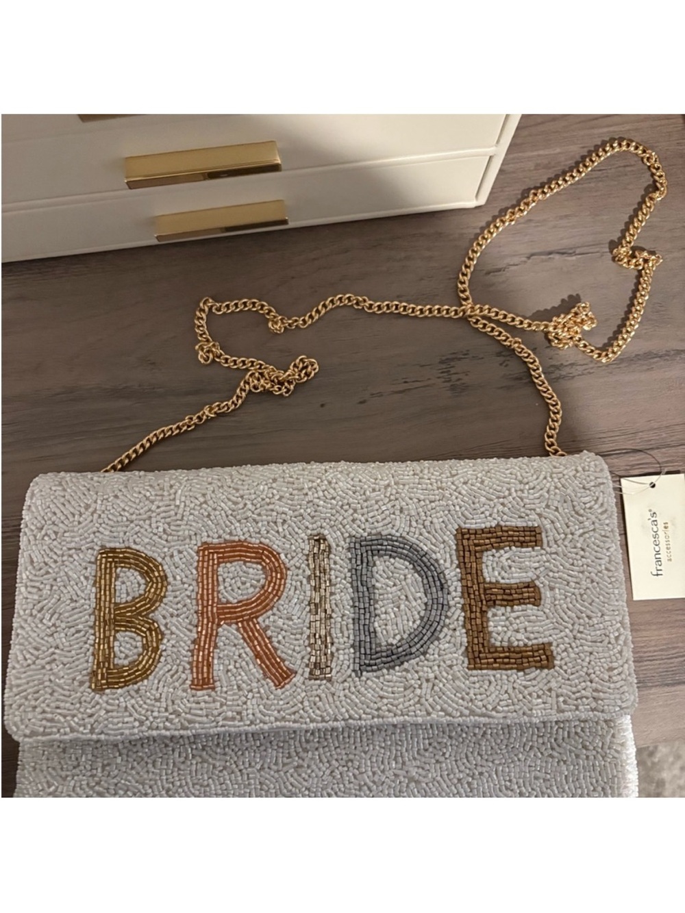 Francesca's Collections White Beaded 'BRIDE' Crossbody Bag with Gold Chain